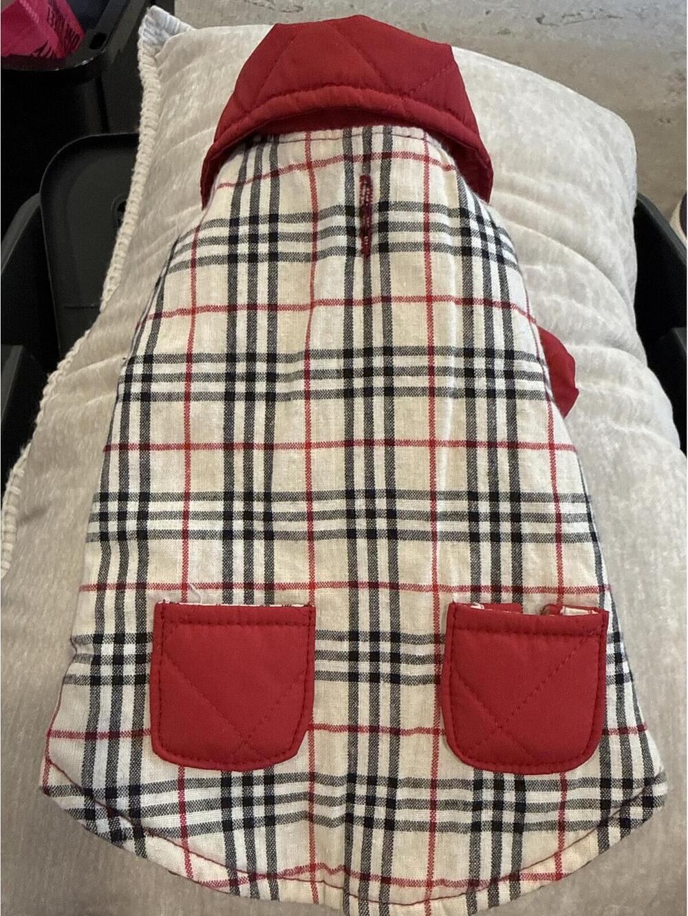 Reversible Red & Plaid Quilted Dog Jacket with Hood and Snap Closure